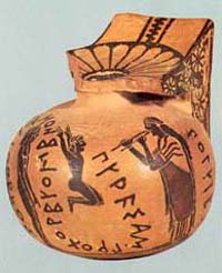 Aryballos from Ancient Corinth with early sixth century BCE Greek writing.